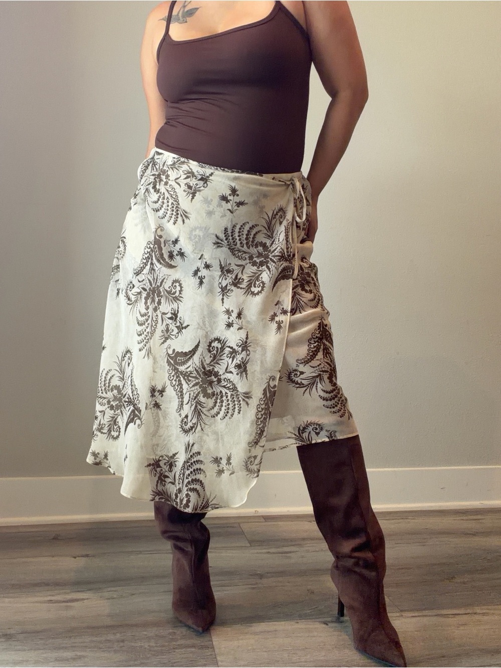 CATO Cream Floral Wrap Midi Skirt Lg